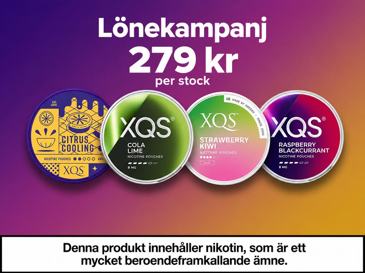 Lönekampanj – XQS 279 kr per stock. Denna produkt innehåller nikotin, som är ett mycket beroendeframkallande ämne.